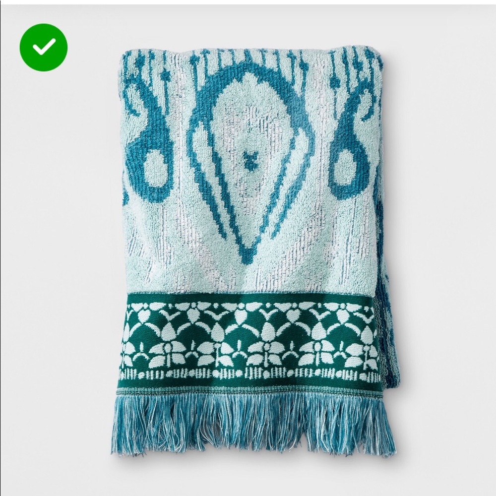 Ikat fringe teal bath towel